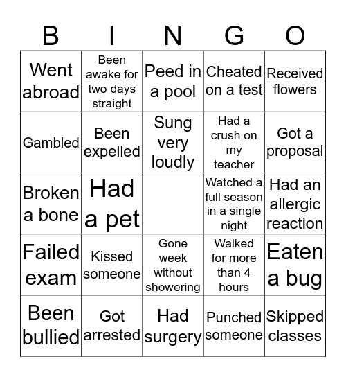 Have you ever  Bingo Card