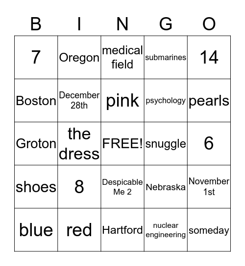 Bridal BINGO Card