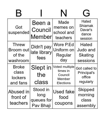 Universal High School Bingo Card