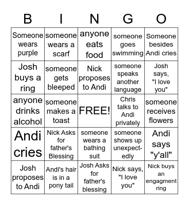 Bachelorette Bingo Card