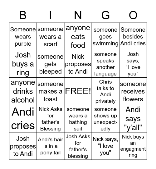 Bachelorette Bingo Card