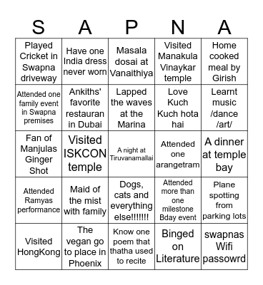 Swapna factor Bingo  Bingo Card
