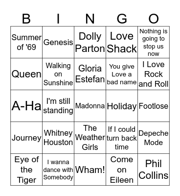 All out 80's  Bingo Card