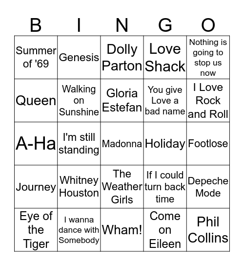 All out 80's  Bingo Card