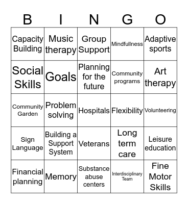 Recreation Therapy Bingo Card
