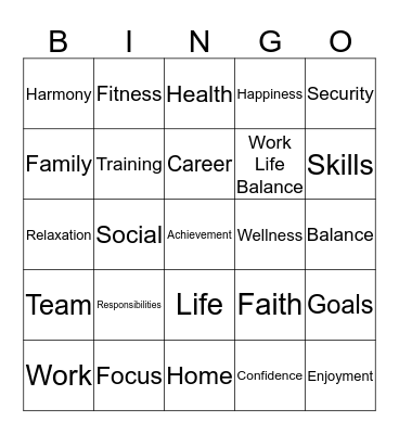 Work Life Balance Bingo Card