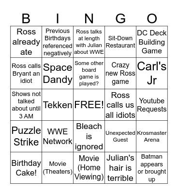 Ross Birthday Bingo Card