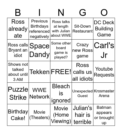 Ross Birthday Bingo Card