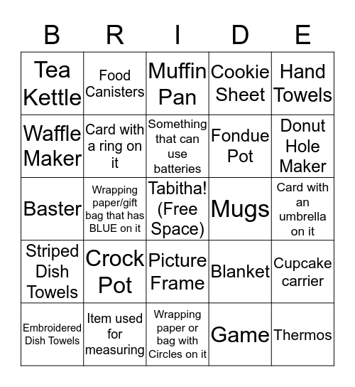 Tabitha's Bridal Shower Bingo Card