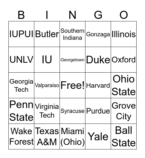 Universities Bingo Card