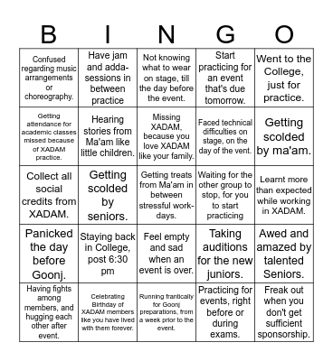 XADAM Bingo Card