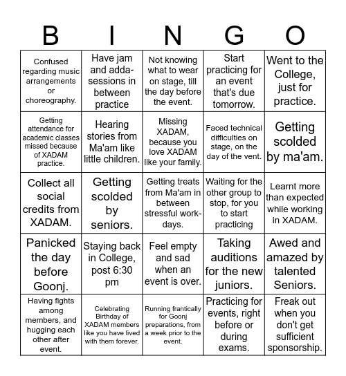 XADAM Bingo Card