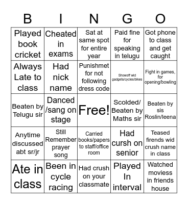 School Bingo Card
