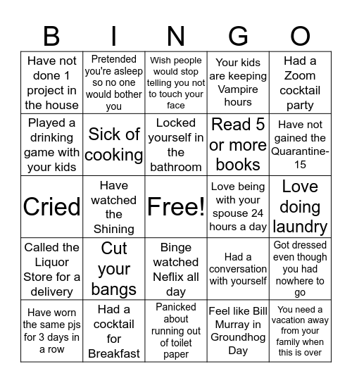 Social Distancing Bingo Card