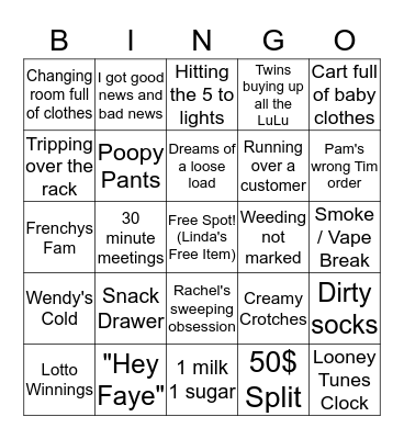 Frenchy's Quarantine Bingo Card