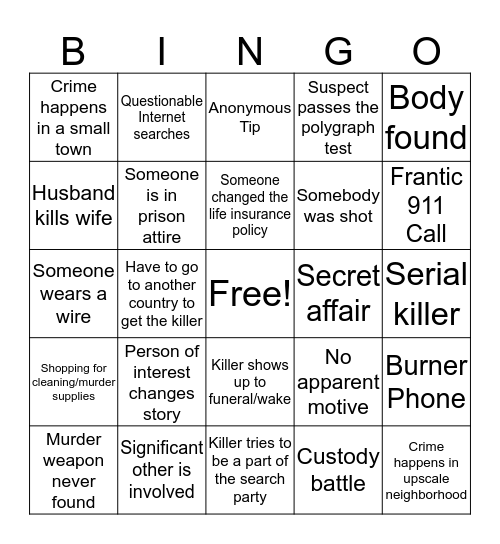 Murder Show Bingo Card