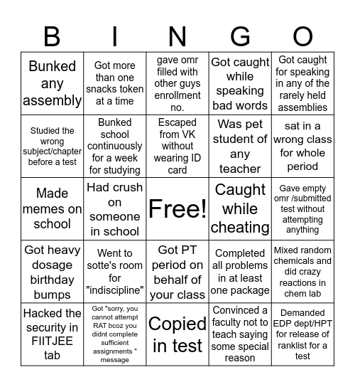 SPIPS FIITJEE BINGO  Bingo Card