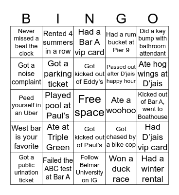 Belmar University Bingo Card