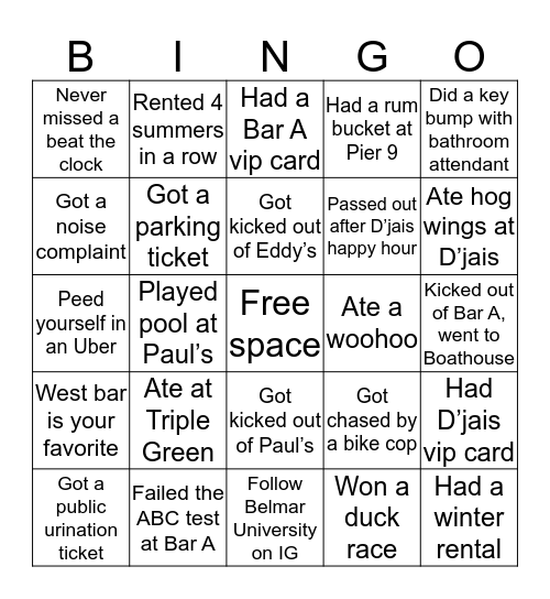 Belmar University Bingo Card