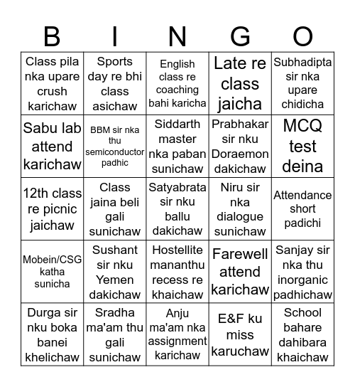 Special Section DAV CSP Bingo Card