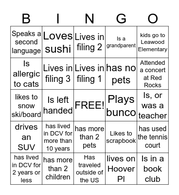 Dutch Creek Village Meet & Greet Bingo Card