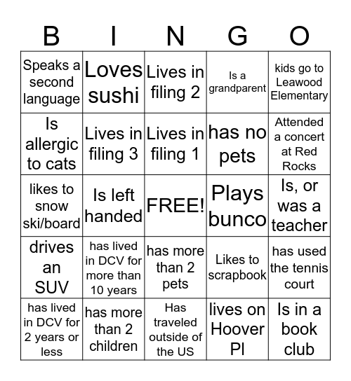 Dutch Creek Village Meet & Greet Bingo Card