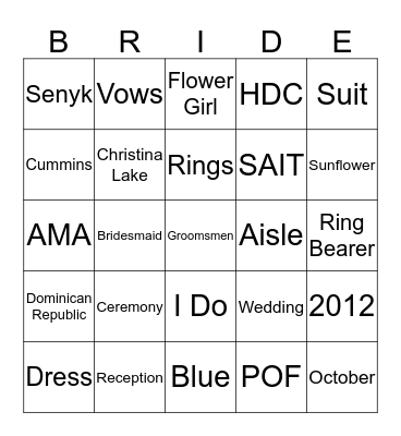 Bridal Shower Bingo Card