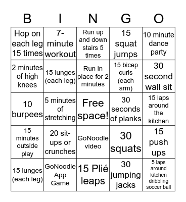 Fitness Bingo Card