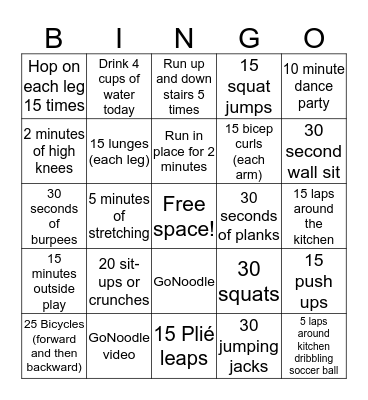 Fitness Bingo Card