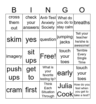 The Anti-Test Anxiety Society Bingo Card
