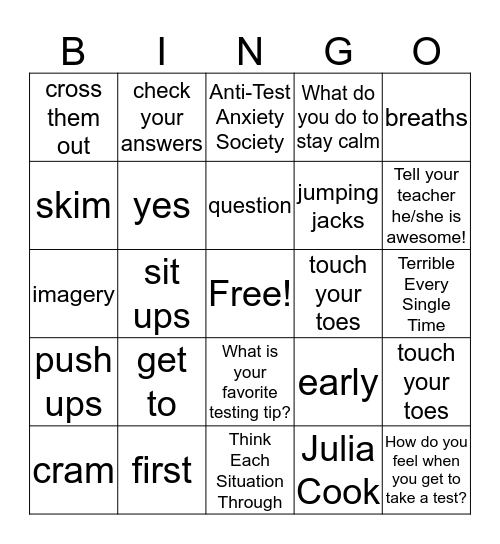 The Anti-Test Anxiety Society Bingo Card