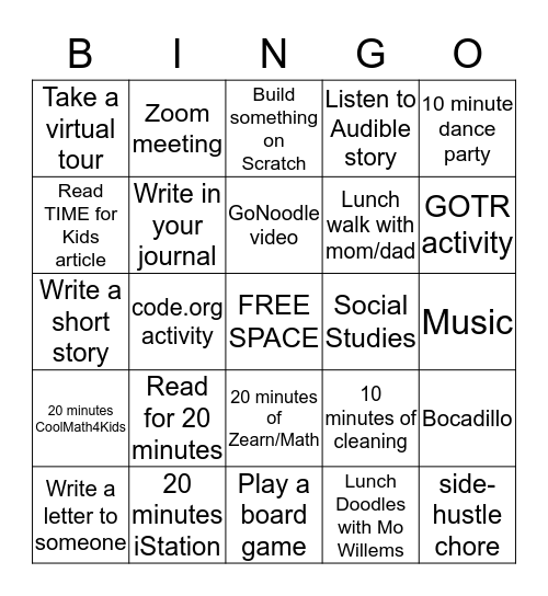 School @Home Bingo Card