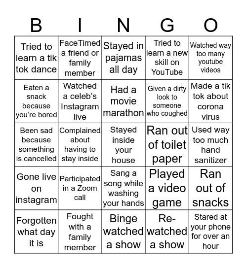 Quarantine Bingo Card