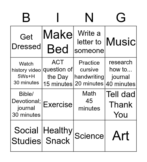 Homeschool Bingo Card