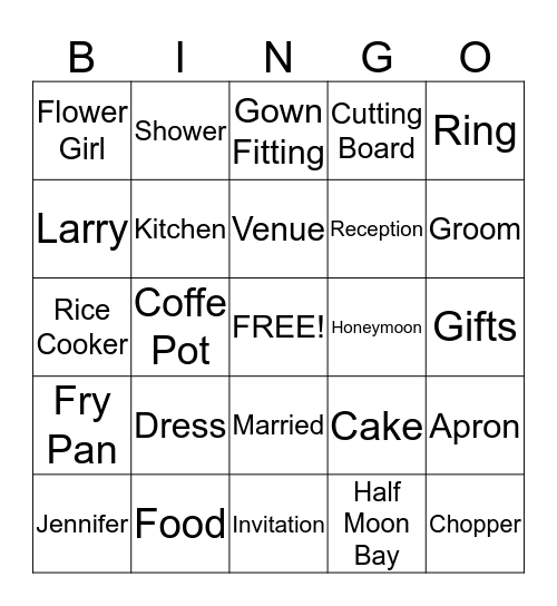 Jennifer's Bridal Shower Bingo Card