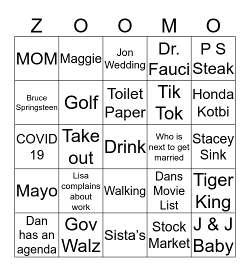 Zoomo Night Happy Hour Bingo Card