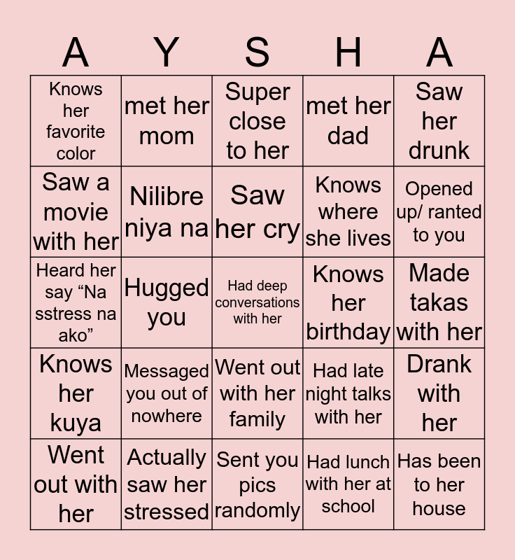 Aysha’s Bingo Card