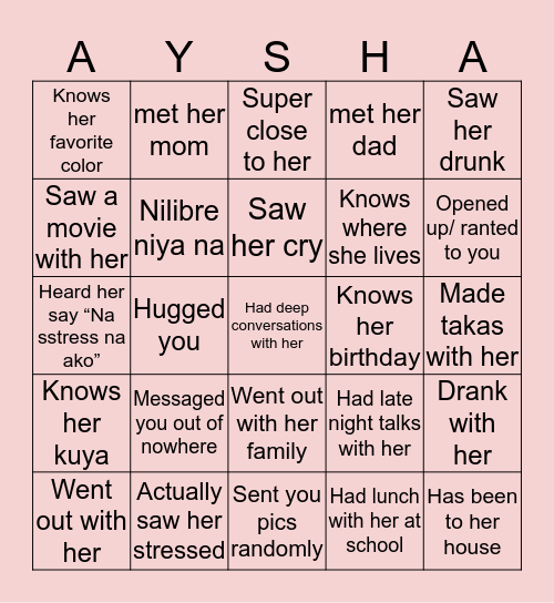 Aysha’s Bingo Card