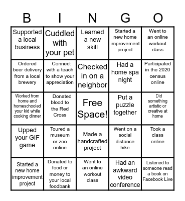 Social Distancing Bingo Card