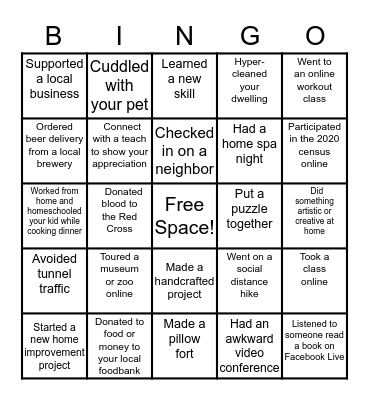 Social Distancing Bingo Card