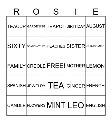 Happy Birthday Rosie Bingo Card