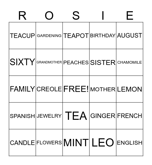 Happy Birthday Rosie Bingo Card