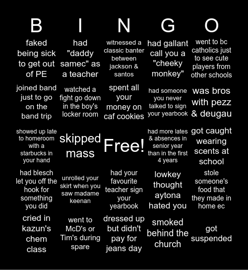 Holy Cross Bingo Card