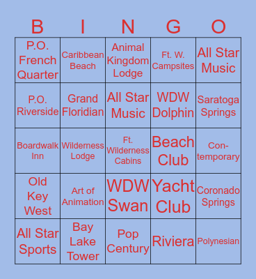 WDW RESORTS Bingo Card
