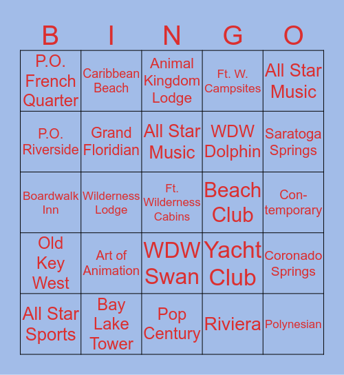 WDW RESORTS Bingo Card