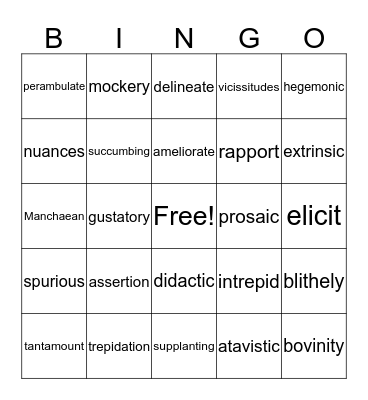 English 1A Vocabulary Bingo Card