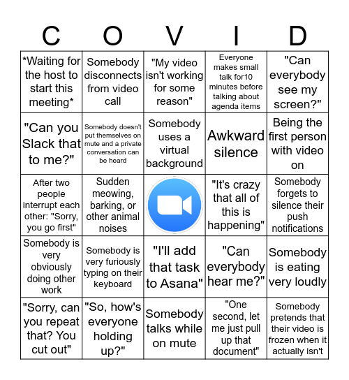 Zoom Meeting Bingo Card