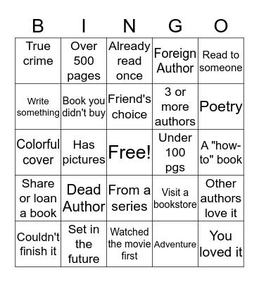 Book Club 2020 Bingo Card