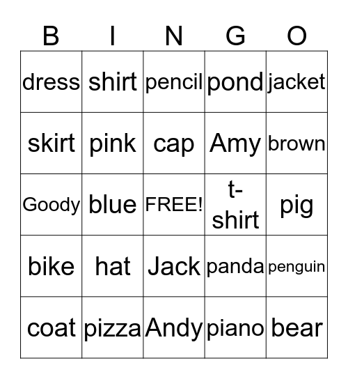 Lesson 3 Words Bingo Card