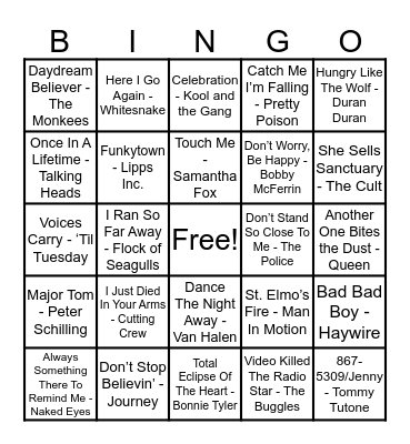 Music Bingo - 80's Night! Bingo Card